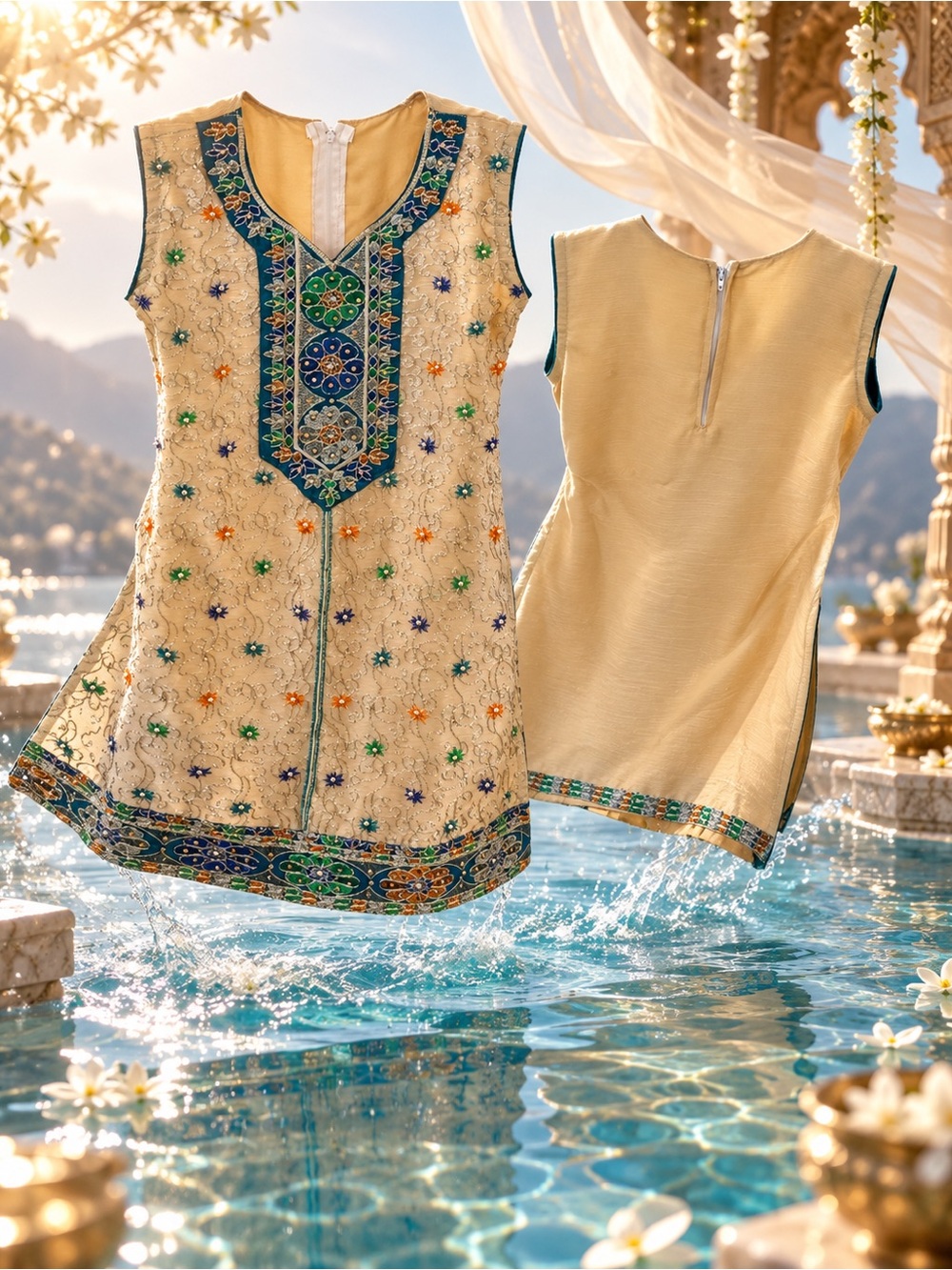 Girls Traditional Embroidered Kurti Tunic Size 3 Beige Teal Multicolor Ethnic